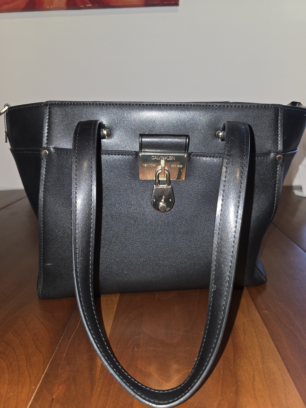 Calvin Klein Black Leather Tote Bag with Gold Lock, Excellent Condition!